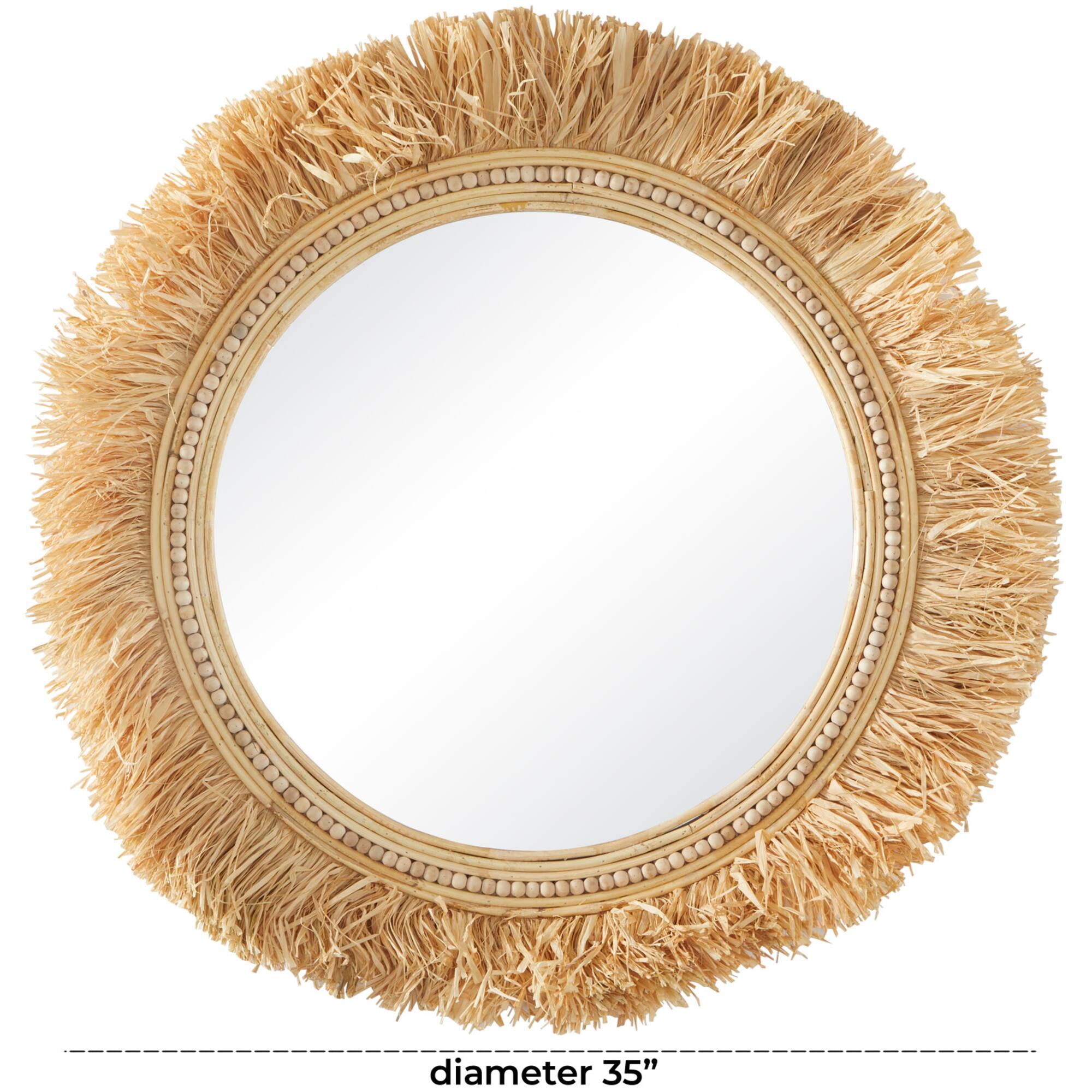 Light Brown Seagrass Wall Mirror with Fringe Detailing 35" x 1" x 35"
